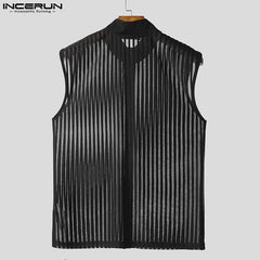 Summer Men's Tank Tops Striped Mesh Transparent Zipper Sleeveless Male Vests Streetwear Sexy 2025 Fashion Men Clothing voguable