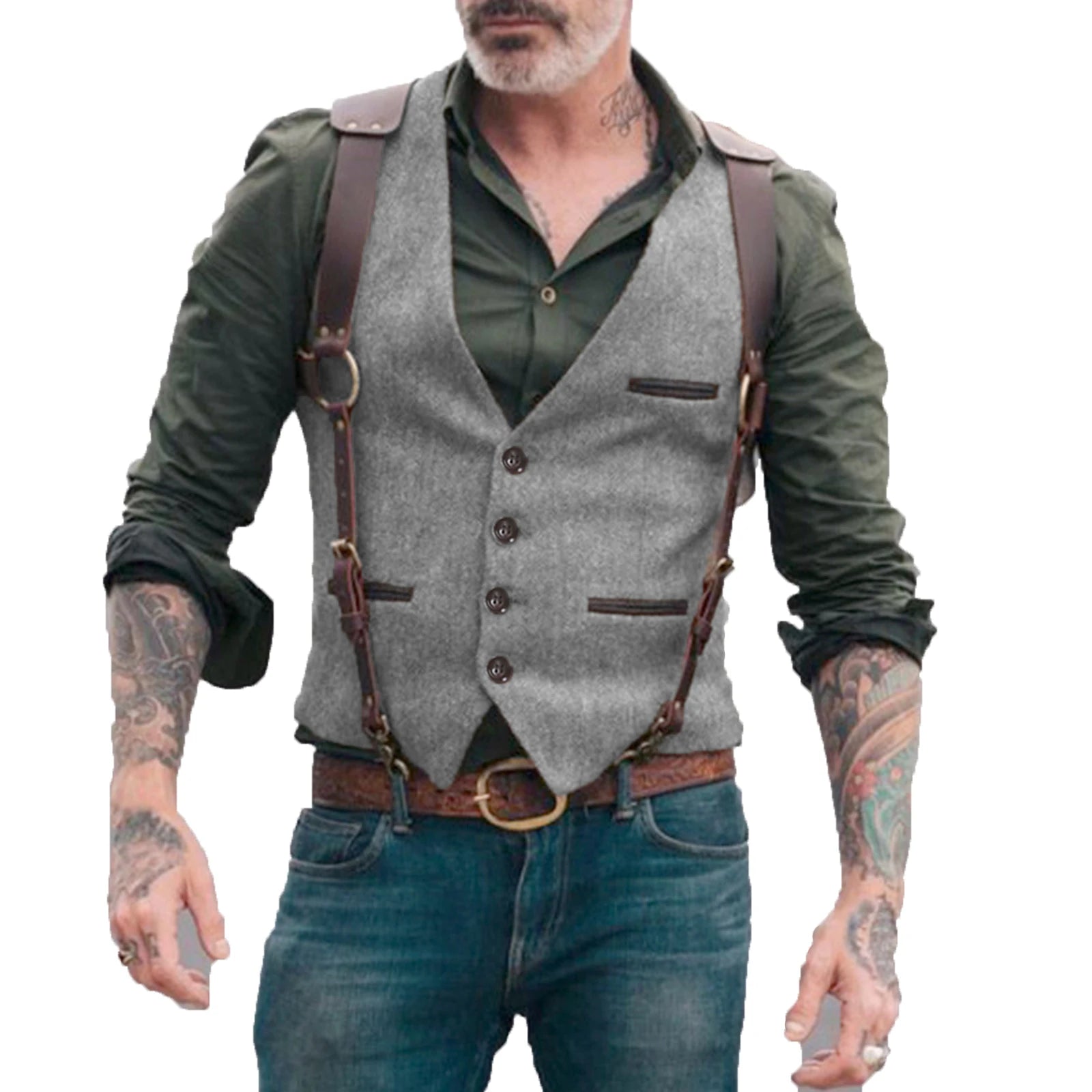 Men's Vests Men Brown Waistcoat Vest Man Steampunk Jacket Striped Tweed V-neck Slim Fit Gilet Wedding Clothing voguable