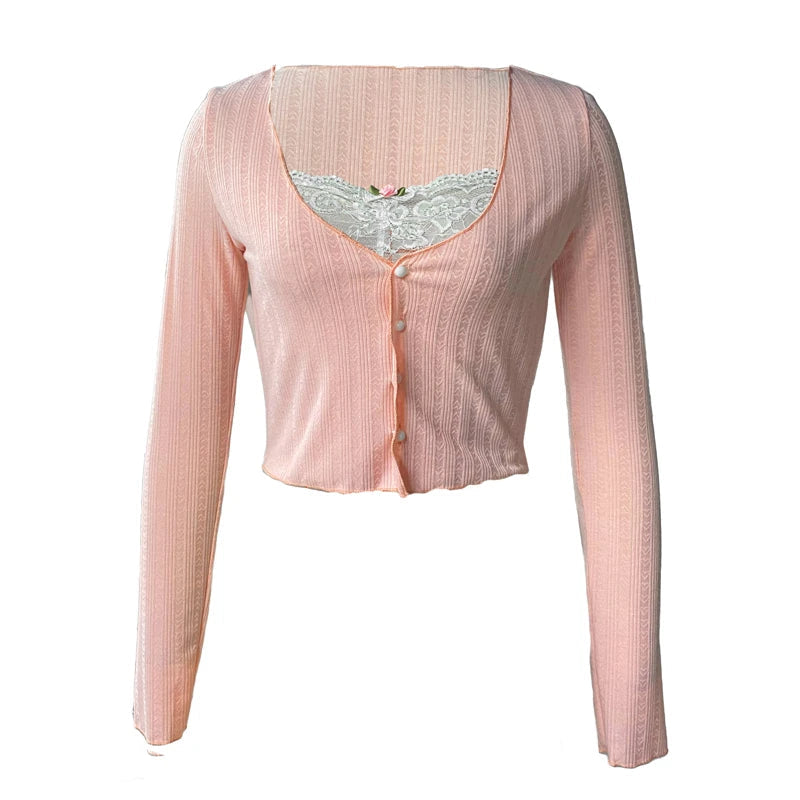 y2k Crop Top Sweet Aesthetic Clothes Women Lace Patchwork Long Sleeve T Shirt with Bow Decor 2000s Clothing Streetwear voguable