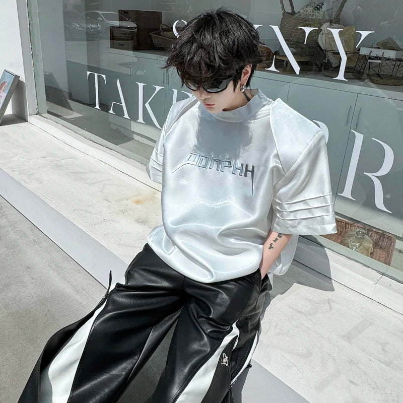 Voguable  Stylish Street Letter Splicing Design Short Sleeve Tops Men's Personality Shoulder Pad Original Handsome T Shirts voguable