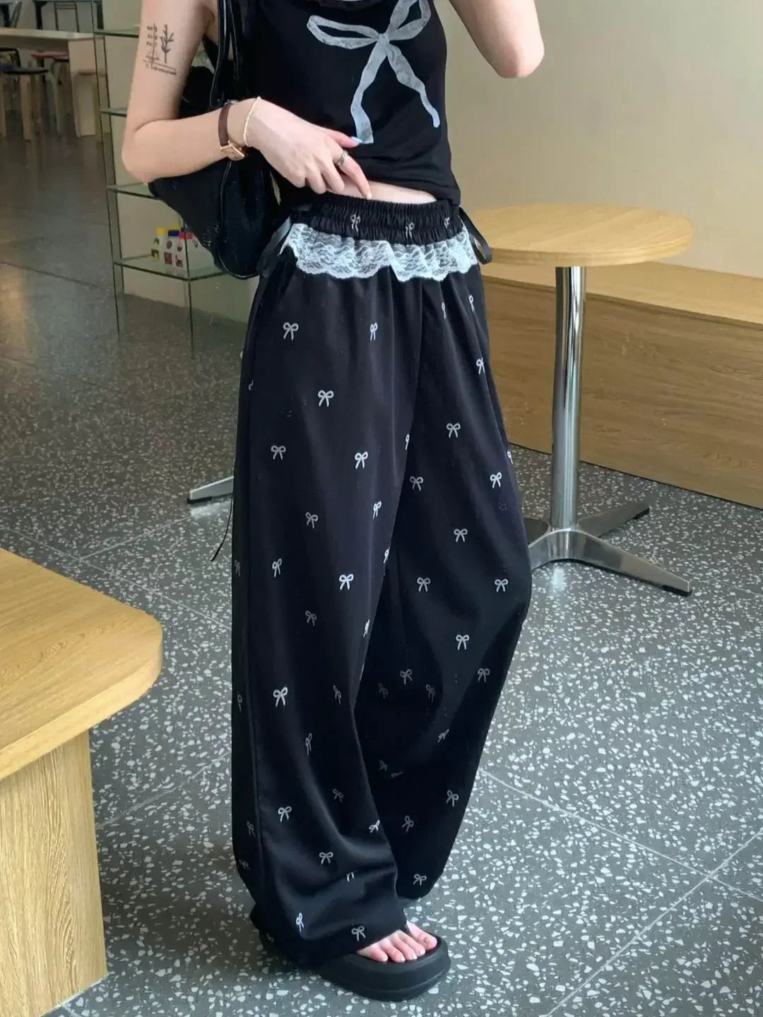 Fashion Lace Patchwork Women Casual Pants Summer Loose Preppy Bow Print Jogging Pants High Waist All Match Straight Trousers voguable