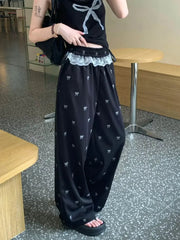 Fashion Lace Patchwork Women Casual Pants Summer Loose Preppy Bow Print Jogging Pants High Waist All Match Straight Trousers voguable