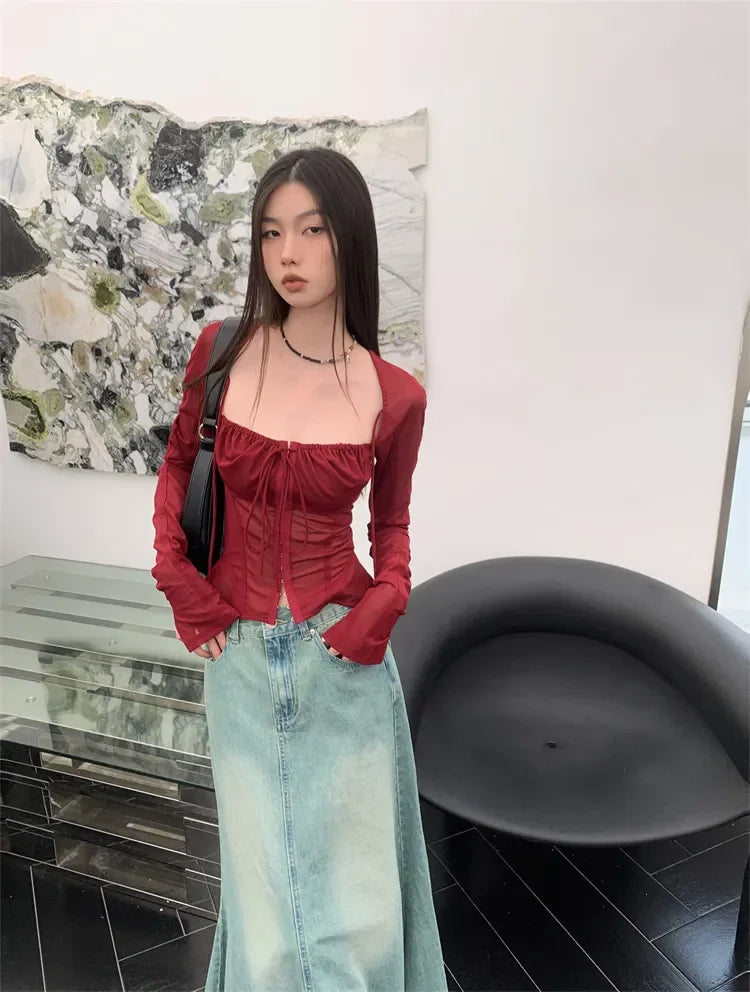 Voguable Burgundy Mesh Tops Long Sleeve Lace Up Square Collar T Shirt Women Crop Top Spring Summer Grunge Y2k  Chic Tops Streetwear voguable