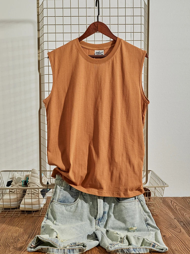 Voguable  Summer New American Retro Sleeveless O-neck Soild Color T-shirt Men's Fashion 100% Cotton Washed Old Casual Sports Vest Tops voguable