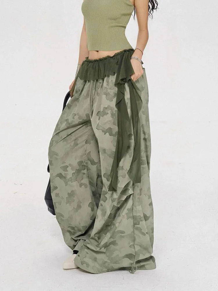 Lace Patchwork Camouflage Pant Women Y2K Hip Hop Streetwear Cargo Trousers Vintage High Waist American Fall Design Wide Leg Pant voguable