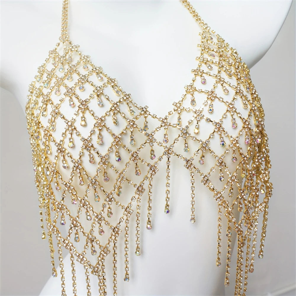 Voguable  Sexy Sparkling Mesh Crystal Bra Chain Jewelry Women's Fashion Luxury Ball Party Rhinestone Bra Chain Jewelry Body Jewelry voguable