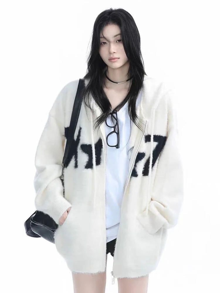 Faux Mink Cashmere Y2K Cardigan Sweater Women Streetwear American Vintage Knitted Hooded Jackets Hip Hop Star Letter Bf Tops New voguable