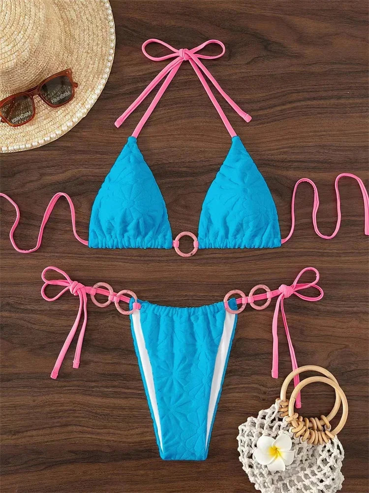 Voguable Sexy Triangle Bikini Women White Contrast Ring Linked Criss Cross Micro Swimsuit 2024 Beach Bathing Suit Tie Side Thong Swimwear voguable