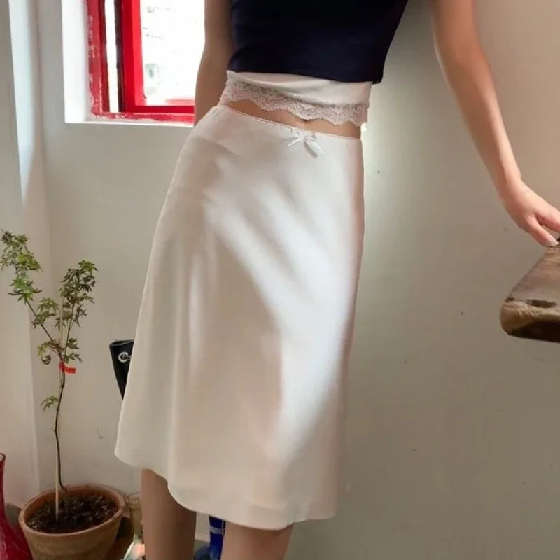 Elegant White Women Satin Skirt Fairycore Ruffle Mid Skirts Coquette A-line Basic Casual Korean Style Summer Silk Skirt voguable