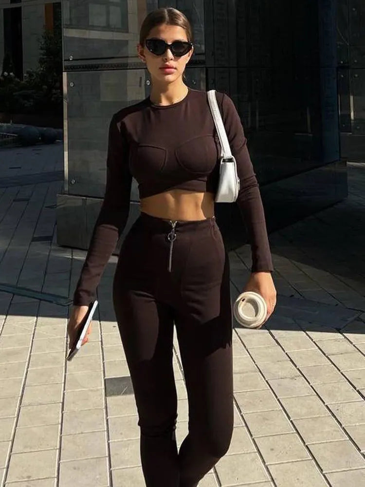 Autumn/Winter Long sleeved Pants Tight Zipper Two Piece Crop top Women Elastic Casual Fashion Set Female Street Clothing voguable