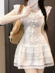 Voguable Summer Y2k Coquette White Lolita Sweet White Kawaii Cute Mini Dress Women Lace Bow Princess Slip Lace Short Dresses 2024 Fashion voguable