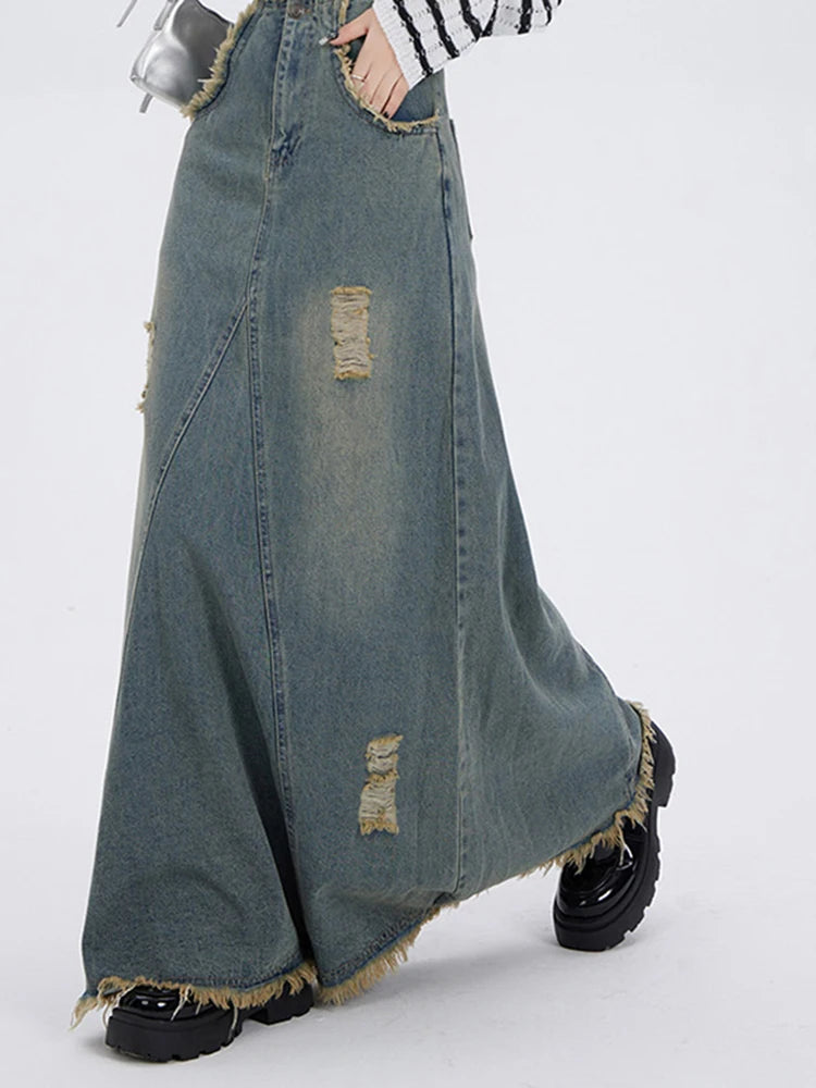 Ripped Denim Skirt for Women High Waisted Slit Cut Chic A-Line Long Skirt Basic Vintage Y2k Pocket Korean Fashion Skirt voguable