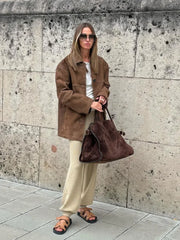 Women Autumn Fashion Solid Lapel Single Breasted Jacket Casual Long Sleeve Spliced Pocket Coat 2024 New Lady High Streetwear voguable
