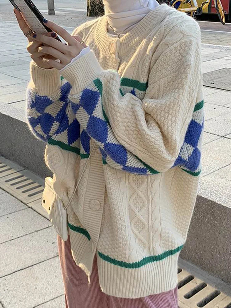 Voguable  Christmas Red Women Argyle Cardigan Vintage Oversize Knitted Tops Korean Lazy Wind Loose Female Preppy Style Sweater New voguable