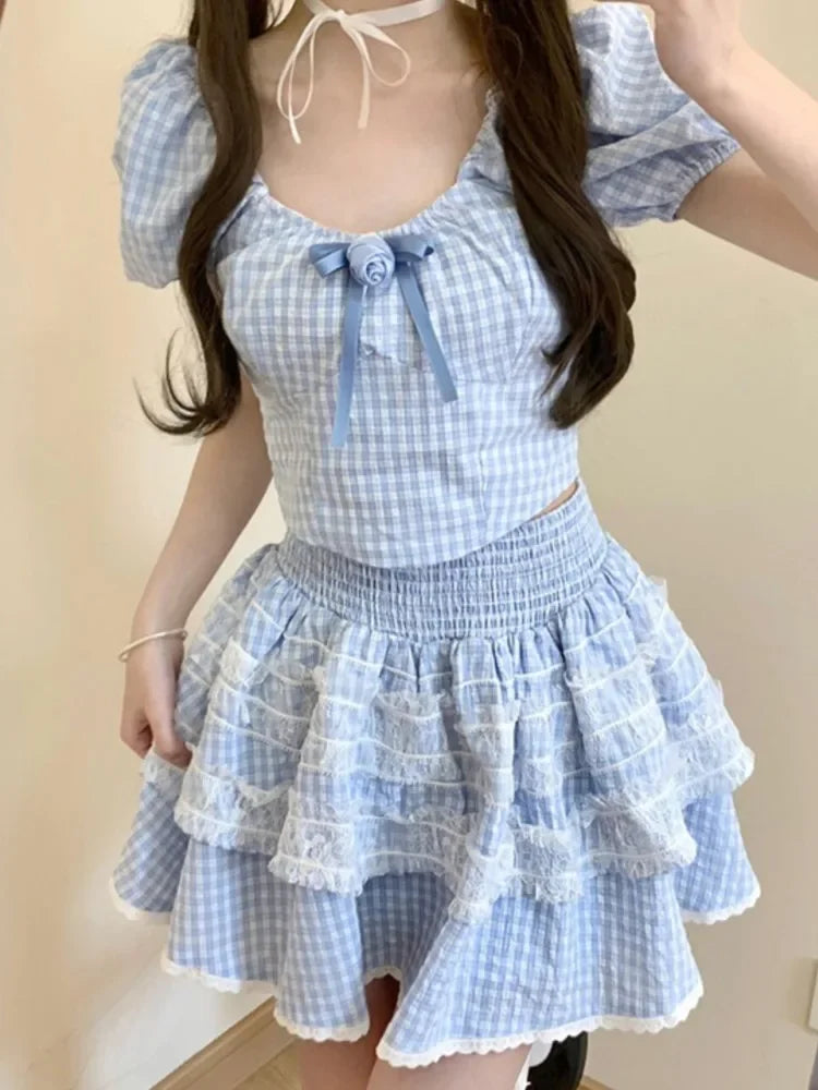 Voguable 2024 Summer Lolita Kawaii Suit Woman Lace Sweet Plaid Set Casual Short Tops Princess Party Y2k Mini Skirt Fashion Clothing Chic voguable