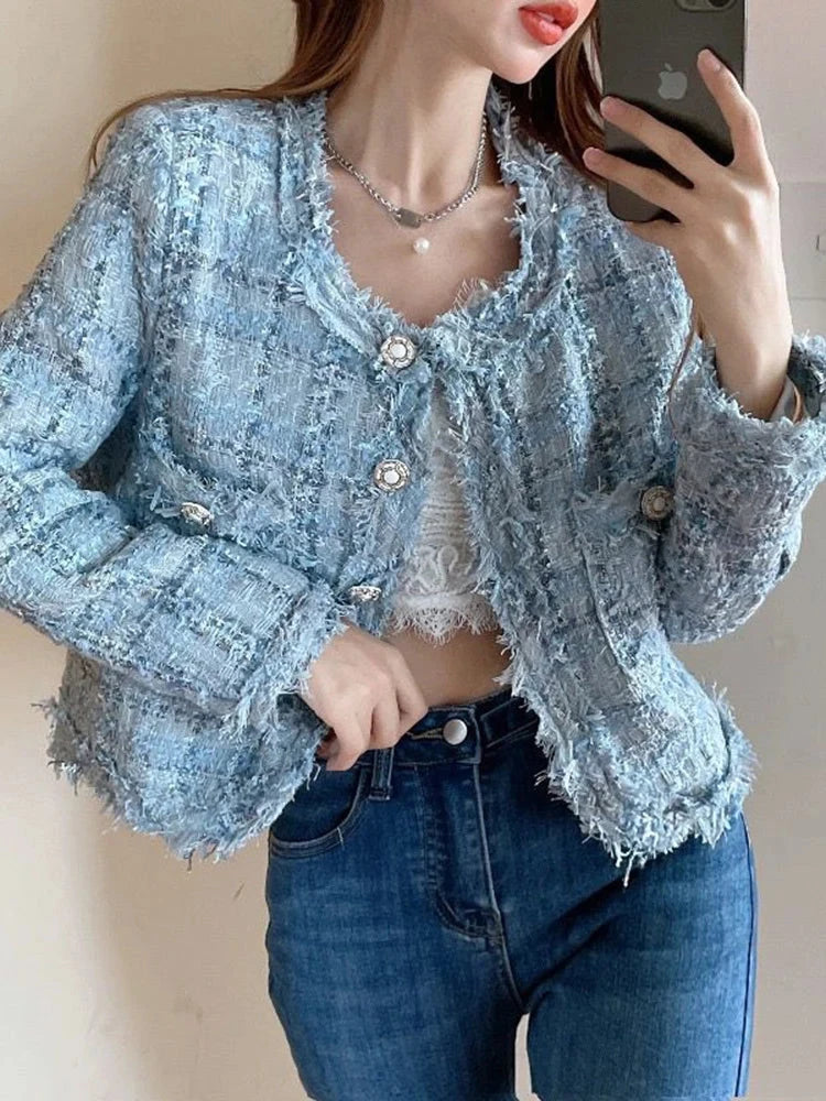 Chic Tassel Slim Tweed Jacket Women Casual Sweet Long Sleeve Short Coat Korean Fashion O Neck Elegant Design Plaid Tops New voguable