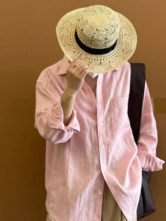 Voguable  Casual Cotton Long Sleeve Pink Shirt for Men Vintage Loose Fit Workwear Shirt Breathable Youthful Style Four Seasons Universal voguable