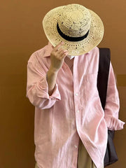 Voguable  Casual Cotton Long Sleeve Pink Shirt for Men Vintage Loose Fit Workwear Shirt Breathable Youthful Style Four Seasons Universal voguable