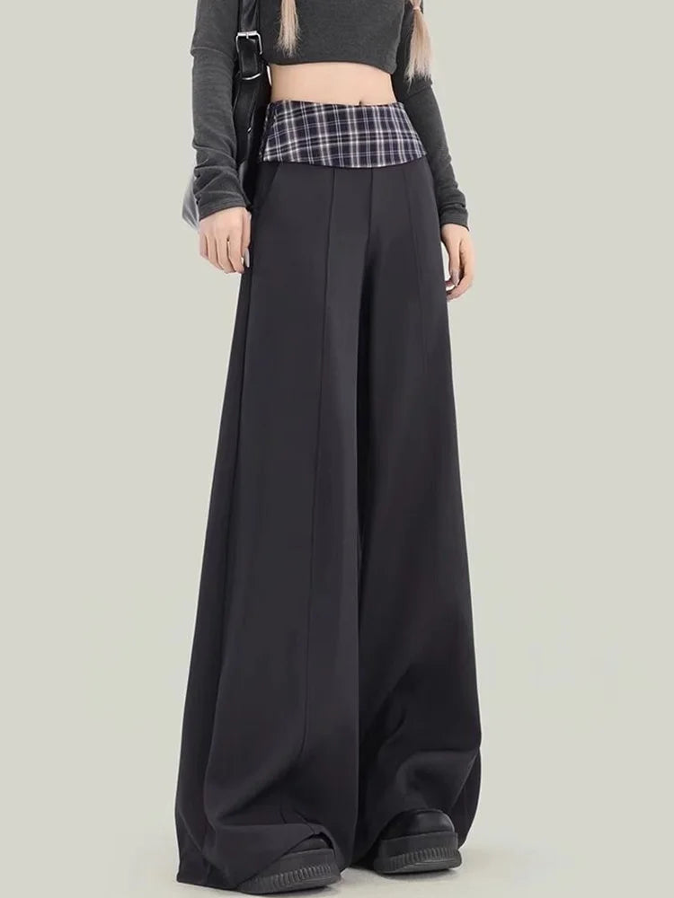 Plaid Patchwork Suit Pant Women Vintage Casual Korean High Waist Trouser Autumn Retro Loose Elegant Black Wide Leg Pant New voguable