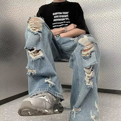 Vintage Distressed Straight-leg Jeans American Style Slimming Bell Bottoms Loose Fit High-waisted Summer Thin Version For Men voguable