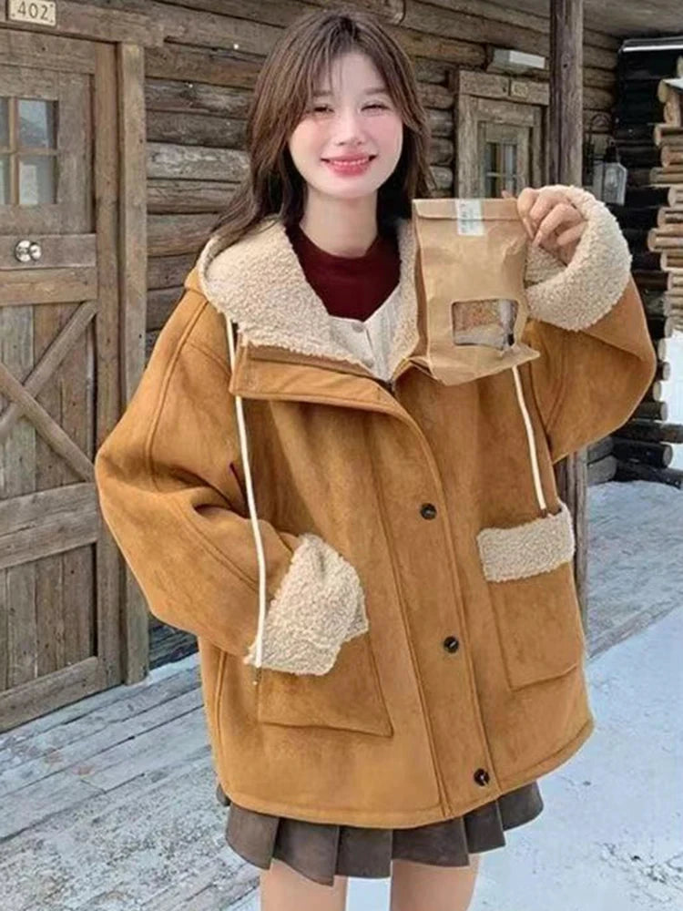 Y2K Streetwear Faux Lamb Suede Jacket Women Vintage Winter Long Sleeve Hooded Coat American Retro Loose Lady Pockets Warm Tops voguable