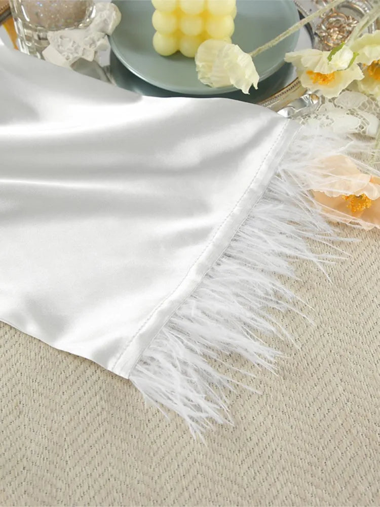 White Slip Dress +belted Cardigan Jacket Two Piece Set Sexy Feather Satin Pajamas Spring Summer Sleepwear Women Clothing 2025 voguable