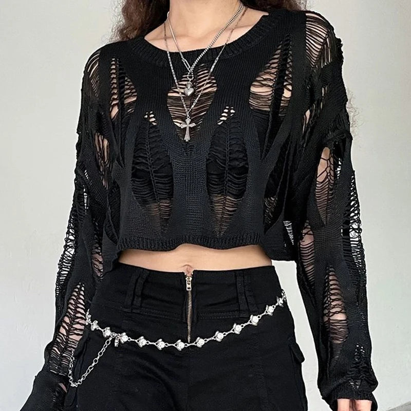 ITOOLIN Women Hole Hollow Out Y2K T-shirts Batwing Sleeve Knitted Shirt For Women Loose Streetwear Tops Spring Autumn 2024 voguable