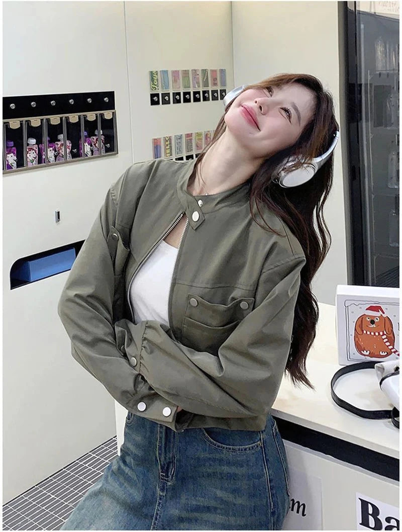 Streetwear Y2K Cropped Cargo Jacket Women Vintage Loose Pockets Harajuku Short Coat American Casual Fall O Neck Long Sleeve Tops voguable