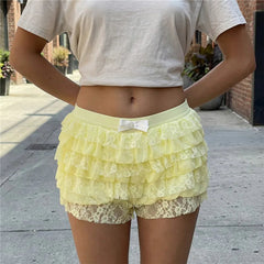 Voguable  Women Mesh Lace Bloomer Shorts Y2k Layered Ruffle Frilly Booty Shorts Fairy Bowknot Sexy Boy Shorts Panties Party Clubwear voguable