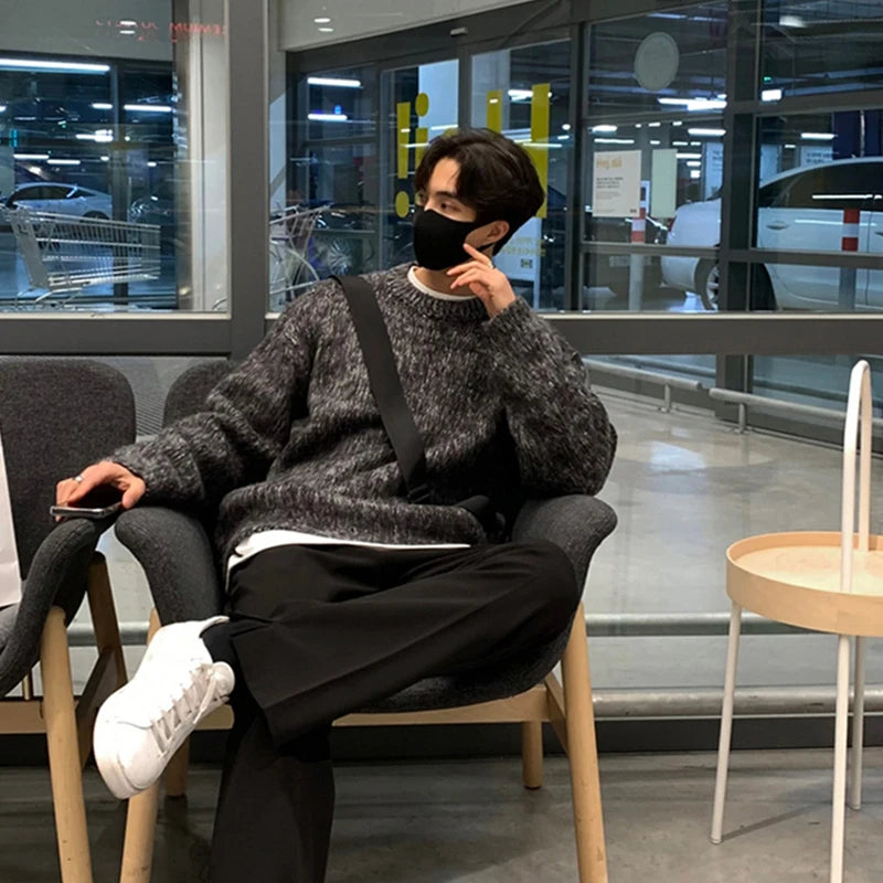 Autumn Clothing Men's Luxury Knitted Mohair Pullover Sweater Casual Long Sleeve Solid Color O Neck Vintage Korean Male Clothes voguable