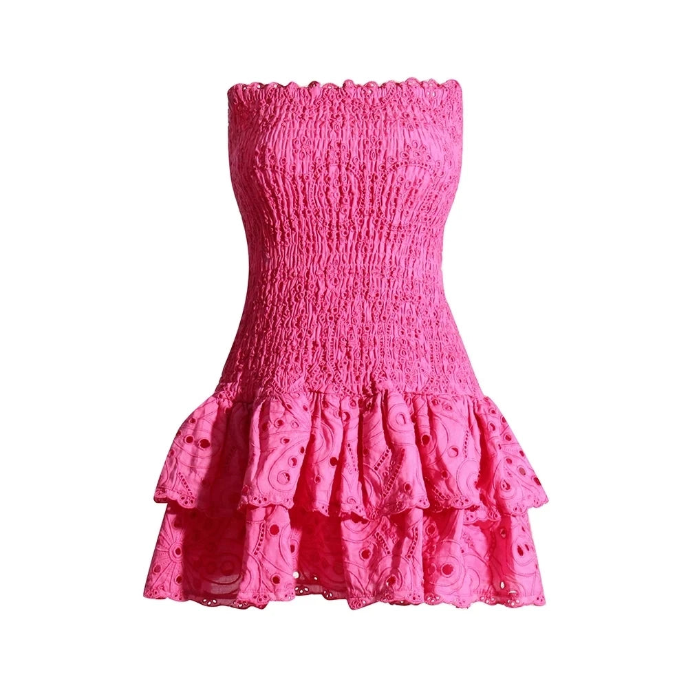 Cut Out Layered Hem Sexy Dress For Women Strapless Sleeveless Off Shoulder High Waist Mini Dresses Female Clothing voguable