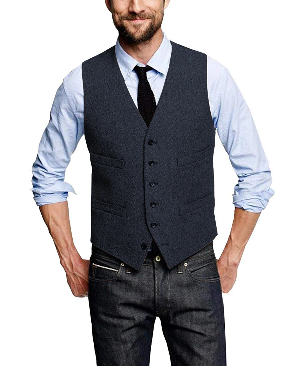 Men's Classic Vest Single Breasted Slim Fit Vintage Modern Waistcoat Casual Gilet Herringbone Wedding voguable