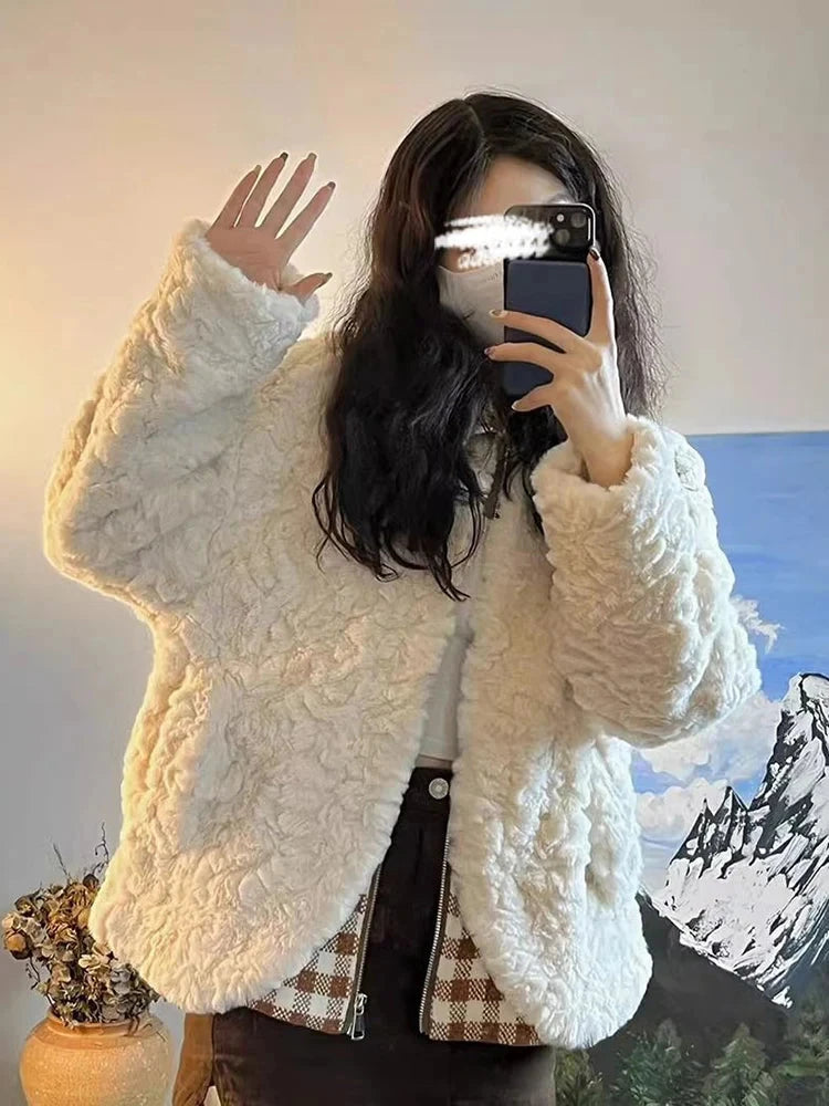 Sweet Cute Faux Lamb Coat Women Winter Thick Warm Plaid Patchwork Jacket Vintage Preppy Style Long Sleeve Kawaii Outwear Tops voguable