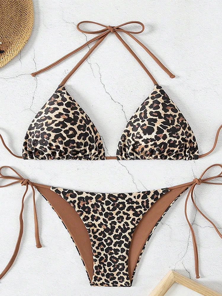Voguable  Fashion Sexy Leopard Laced Up Bikini Women Split Swimsuit Beach Vacation Bikini All Season Backless Bikini 2 Piece Set voguable
