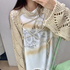 Voguable 2024 Summer New Letter Print Loose Casual Short Sleeve T-Shirt Women + Hollow Sunscreen Lace-Up Knit Sweater Two-piece Suit voguable