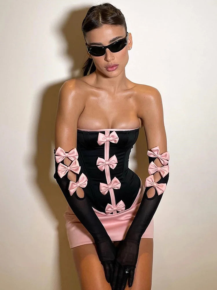 Sexy Strapless Bows Trim Women Two Piece Sets Black Gloves Tops Pink Skirts Female Summer Skinny Fashion Party Clubwear voguable