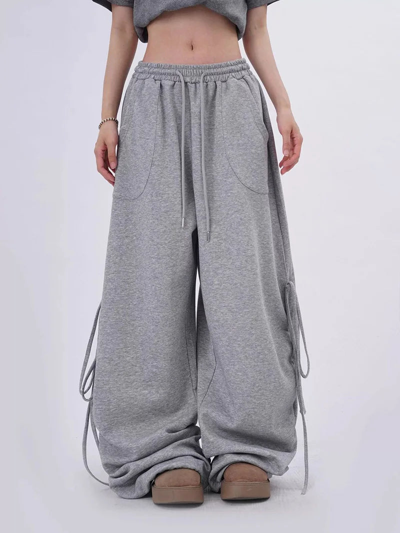 Streetwear Gray Sweatpants Women Low Waist Loose Harajuku Pockets Pants American Casual Hip Hop Lace Up Oversize Bf Trousers New voguable