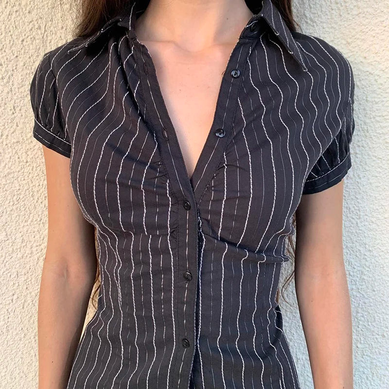 Voguable  Chic Elegant Striped Blouse Women's Summer French Style Button-up Turn-down Collar Shirt Vintage Streetwear Y2K Tops voguable