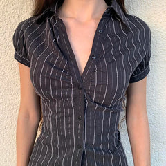 Voguable  Chic Elegant Striped Blouse Women's Summer French Style Button-up Turn-down Collar Shirt Vintage Streetwear Y2K Tops voguable