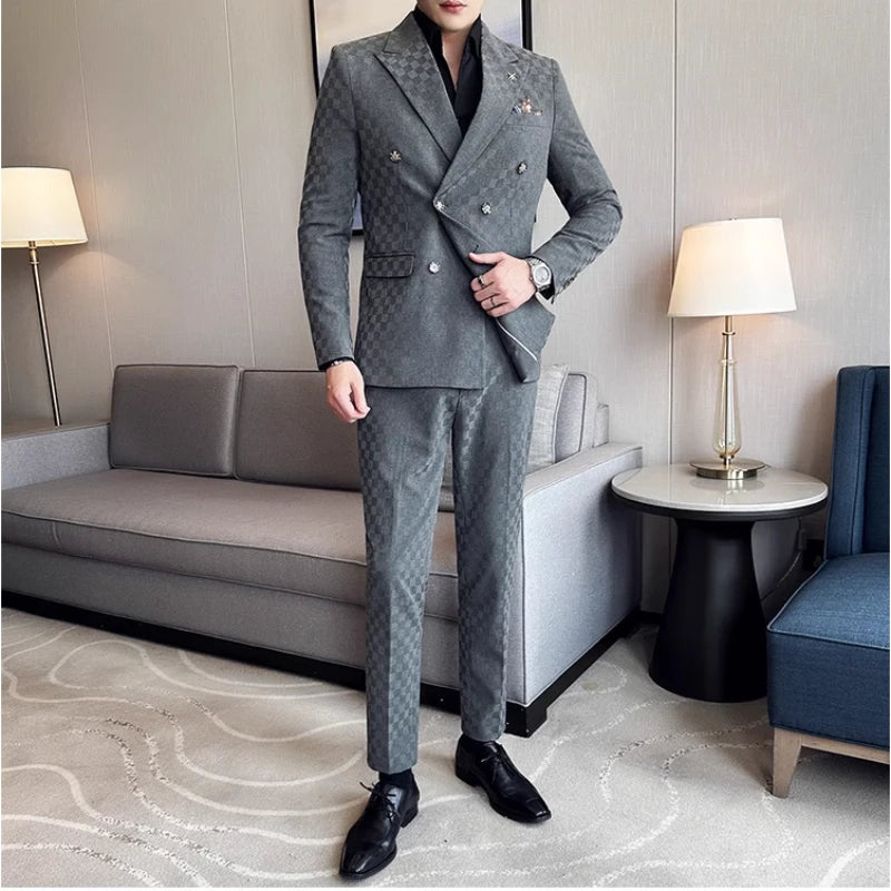 Voguable （Jacket+Vest+Pants）Classic Plaid Korean Slim-fit Men's High-end Banquet Dress Suit Fashion Men Formal Business Social Host Suit voguable