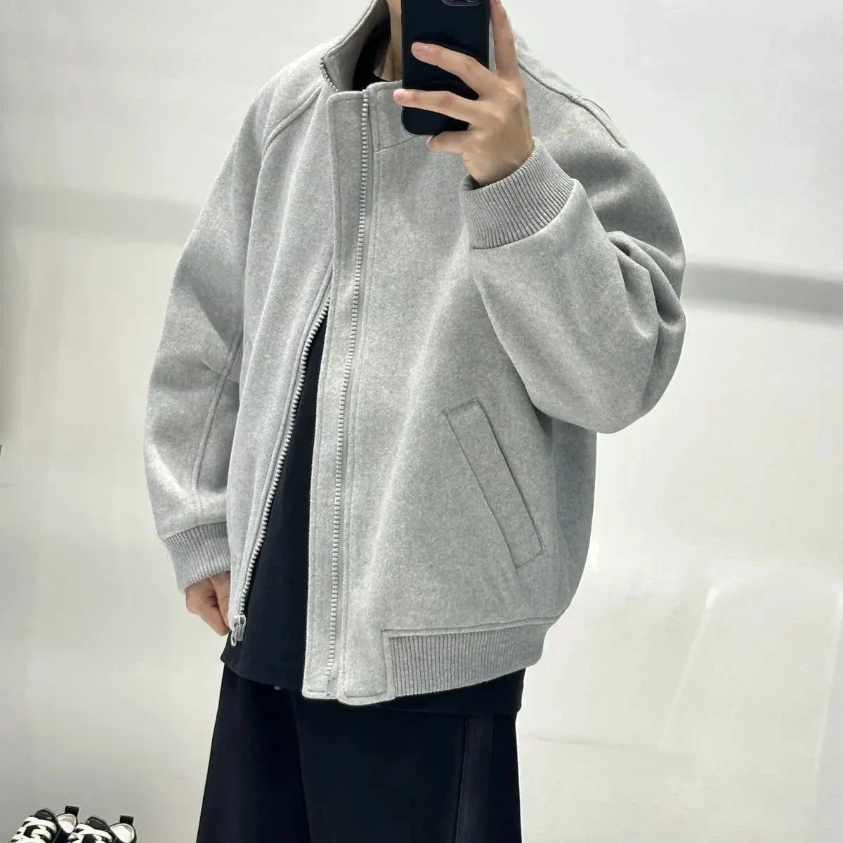 Korean Casual Sweatshirt Jacket Spring Autumn Winter Wear Cityboy Stand Collar Woolen Jacket Men Women Loose Solid Zipper Coat voguable