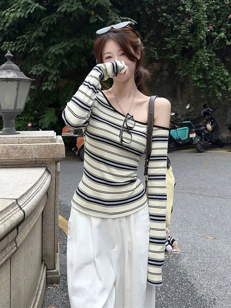 Korean Vintage Off Shoulder Striped Top Women 100% Ribbed Cotton Long sleeve T shirt Spring Autumn Basic Tees 2025 New voguable
