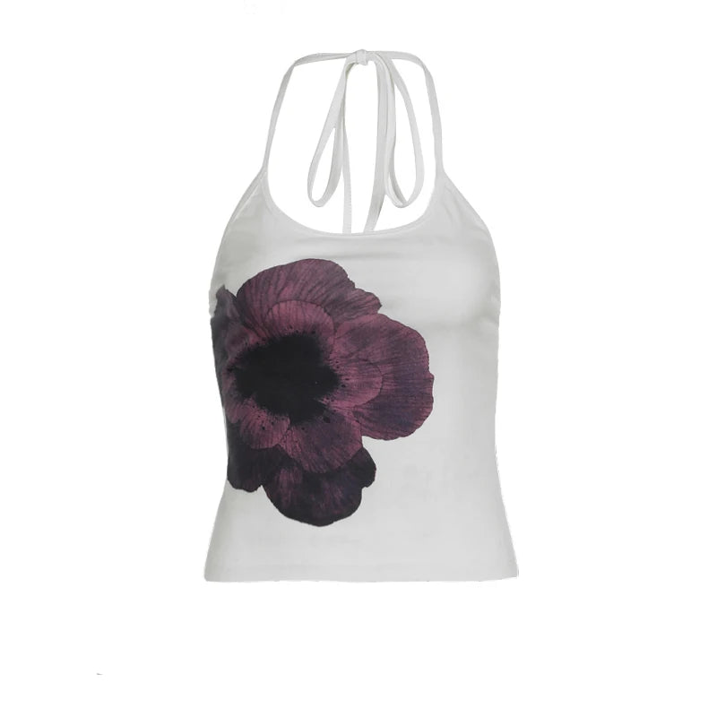 Voguable  Vintage Flower Print Halter Top Women Y2K Aesthetic Sleeveless Tops Holiday Party Korean Style Coquette Sexy Camisole voguable