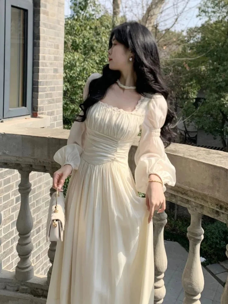 Autumn Vintage 2025 Sweet Beige Square Neck Princess Dress New French Style High Waist Slim Pleated Evening Long Dress Chic New voguable