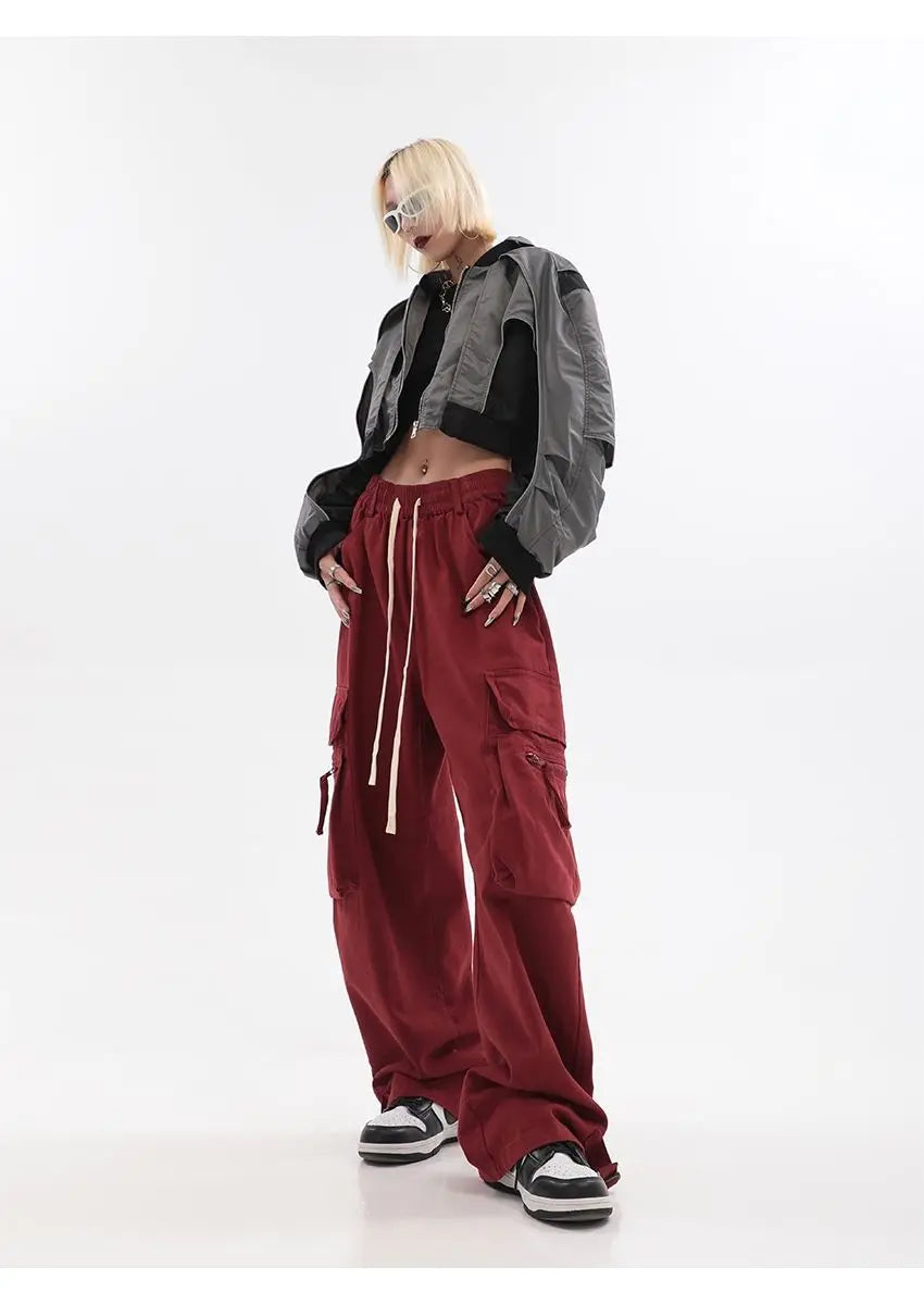 Streetwear Vintage Hip Hop Oversize Red Cargo Pants Women Drawstring Elastic Waist Loose Wide Leg Harajuku Casual Trousers 2023 voguable