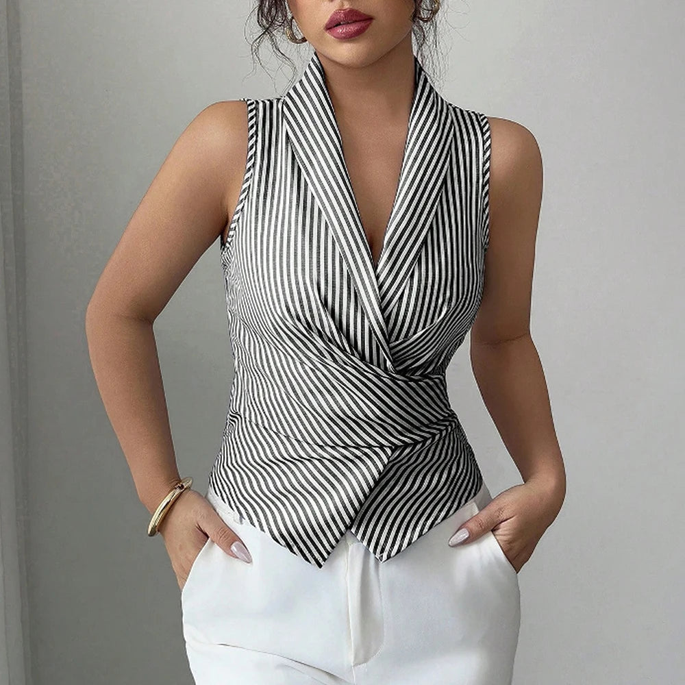 Shirts Spring Summer Fitting Slim Fashion Stripes Nipped Waists Sleeveless Lapel Office Lady Shirts For Women voguable