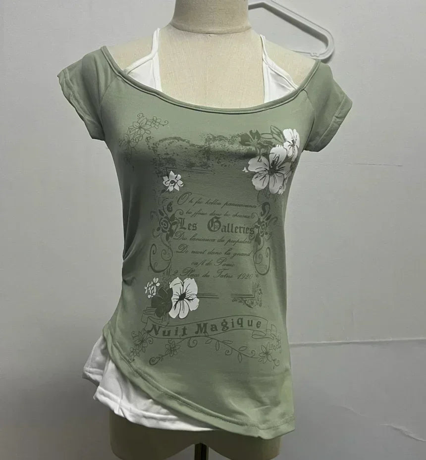 Voguable  Summer Fake Two Pieces Vintage T-shirts Halter Bandage Y2k Aesthetic Slim Crop Grunge Print Tops Women Harajuku Casual Sexy Tee voguable