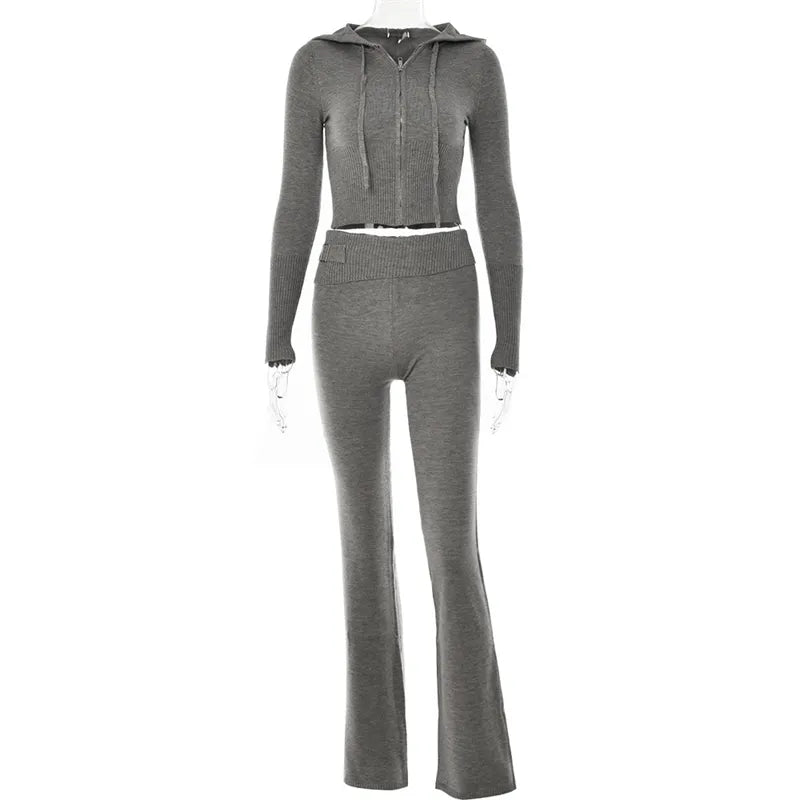Solid Knitted 2 Piece Sets Women Tracksuit Long Sleeve Zipper Hooded Sweater Jackets Crop Top Flare Pants Stretchy Matching Suit voguable