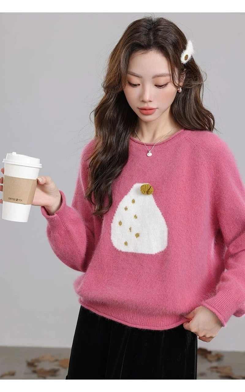 Chic Print Sweet Sweaters Women Casual Preppy Style Cute O Neck Pullover Loose Long Sleeve Fashion Fall Winter Korean Jumper New voguable