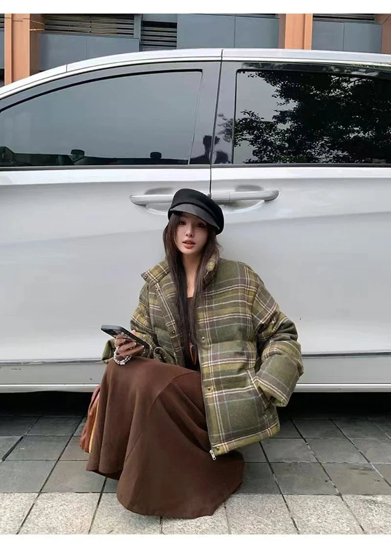 Retro Streetwear Y2K Plaid Parkas Women Winter Warm Thick Hip Hop Cotton Coat American Harajuku Stand Collar Bf Vintage Jacket voguable